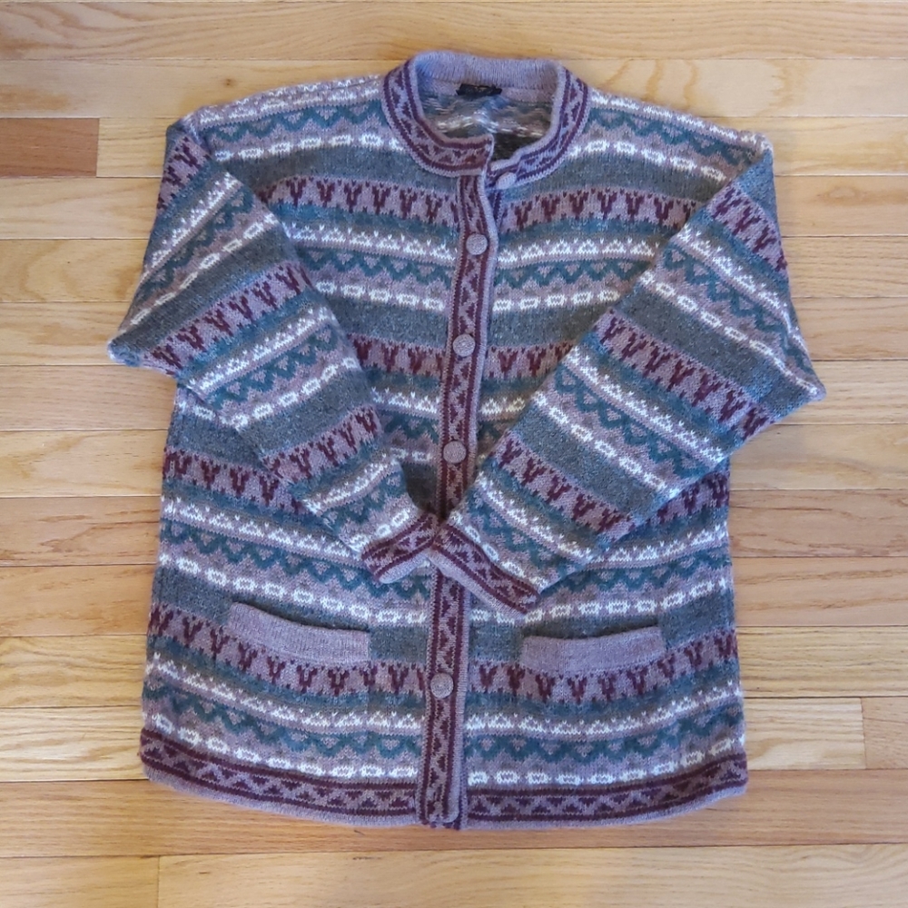 Artesania Yana Peruvian 100% alpaca wool cardigan sweater M Fair Isle Grunge